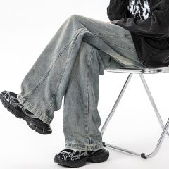 Personalized patchwork jeans for men, American retro trendy loose straight pants