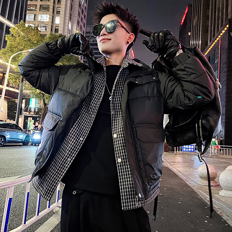 Thin fake two-piece lapel plaid patchwork cotton jacket for men 1