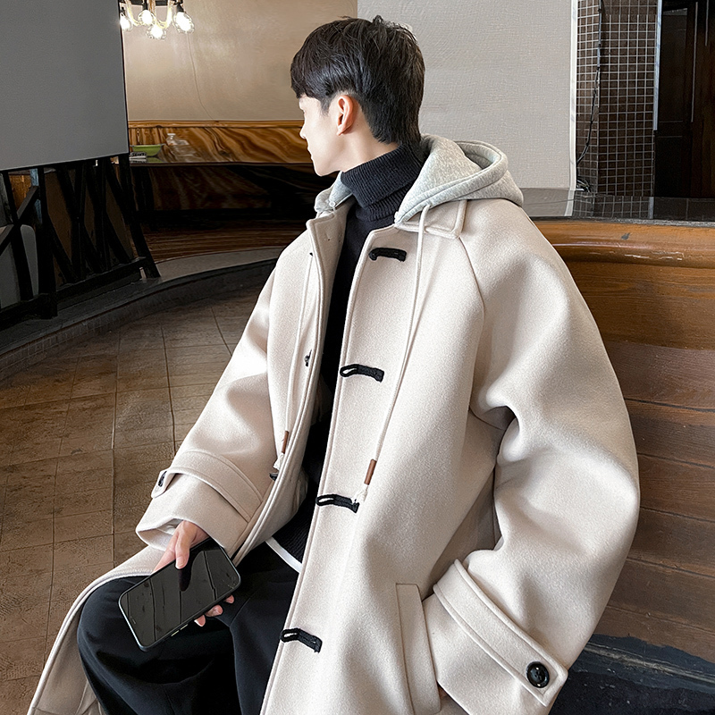Woolen coat, long horn button hood, loose woolen windbreaker, trendy coat, woolen coat