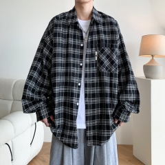 New winter style Hong Kong style large size plaid long sleeve shirt