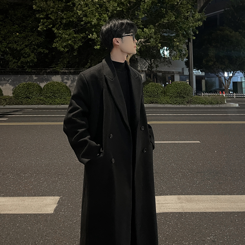 Korean style woolen coat men's loose extended coat trendy windbreaker