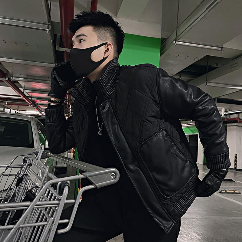 Seasonal design high-end stitching pocket cotton jacket workwear men's thick coat black 1