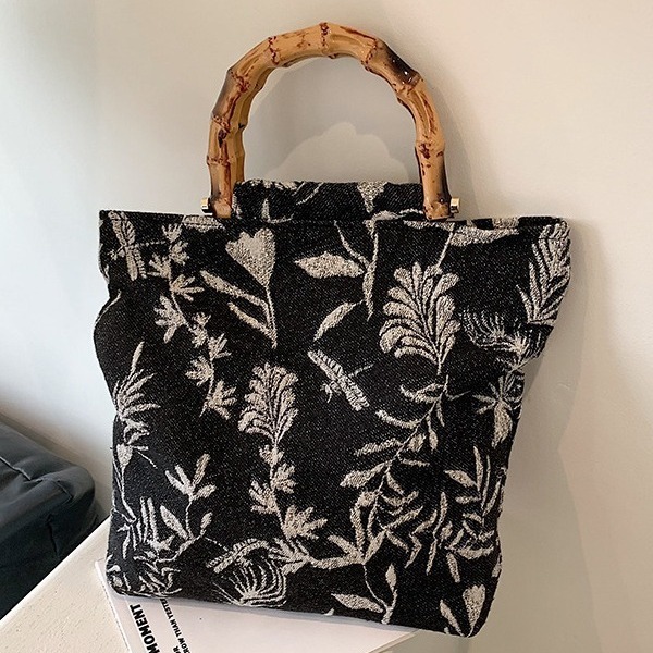 Literary National Style Bamboo Handbag Women's 2024 New Ethnic Feng Shui Bucket Bag New Chinese Style Jacquard Canvas Bag Trendy