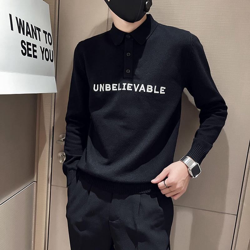Autumn and winter social guy lapel sweater bottoming sweater men ins trend black 1