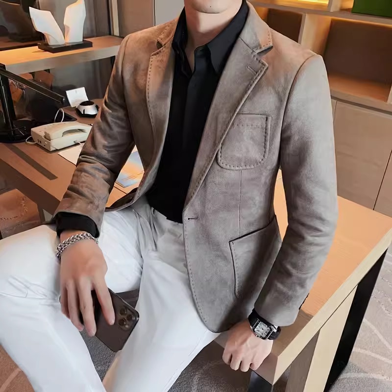 Suede blazer men's autumn and winter Korean style slim solid color suit