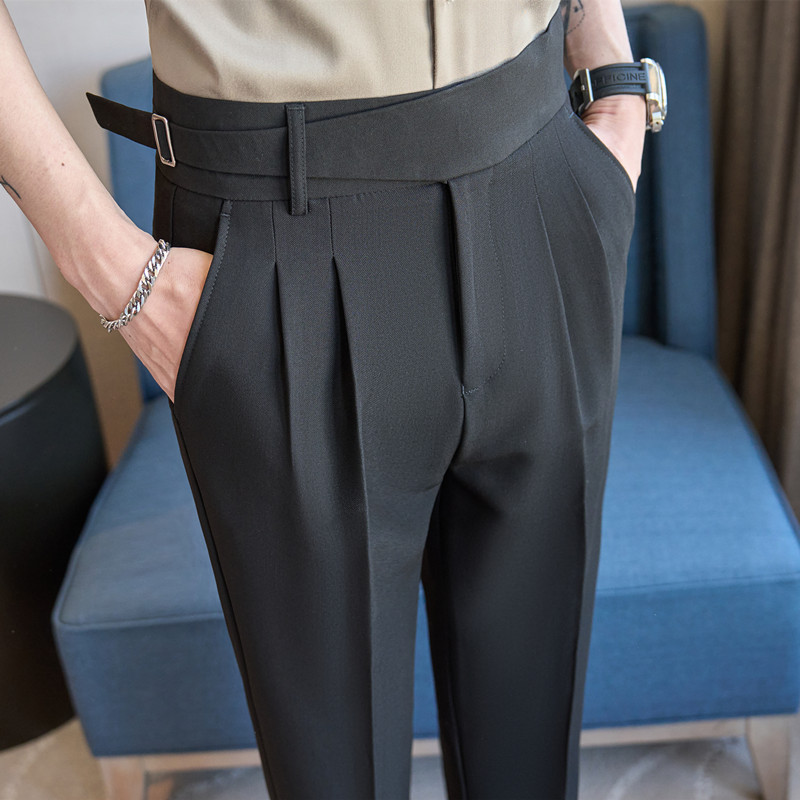 Belt decorated with drape, three-dimensional pleated trousers, Neapolitan high-waisted casual pants, black