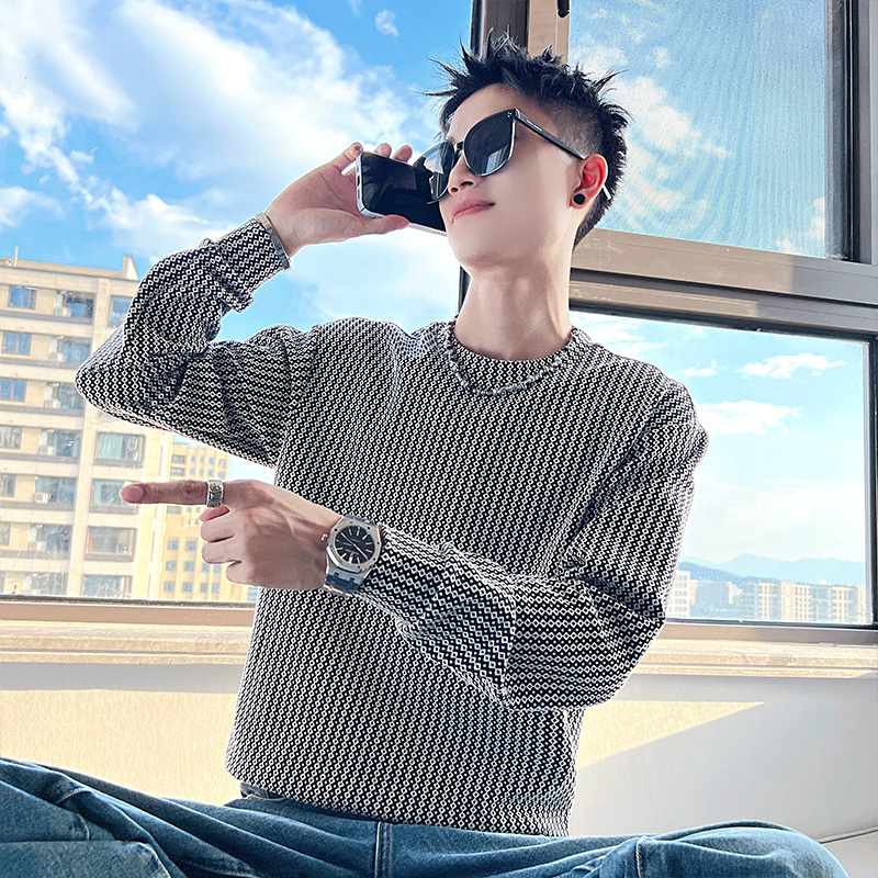 Trendy brand simple plaid handsome versatile sweatshirt autumn and winter pullover long sleeve men black 3