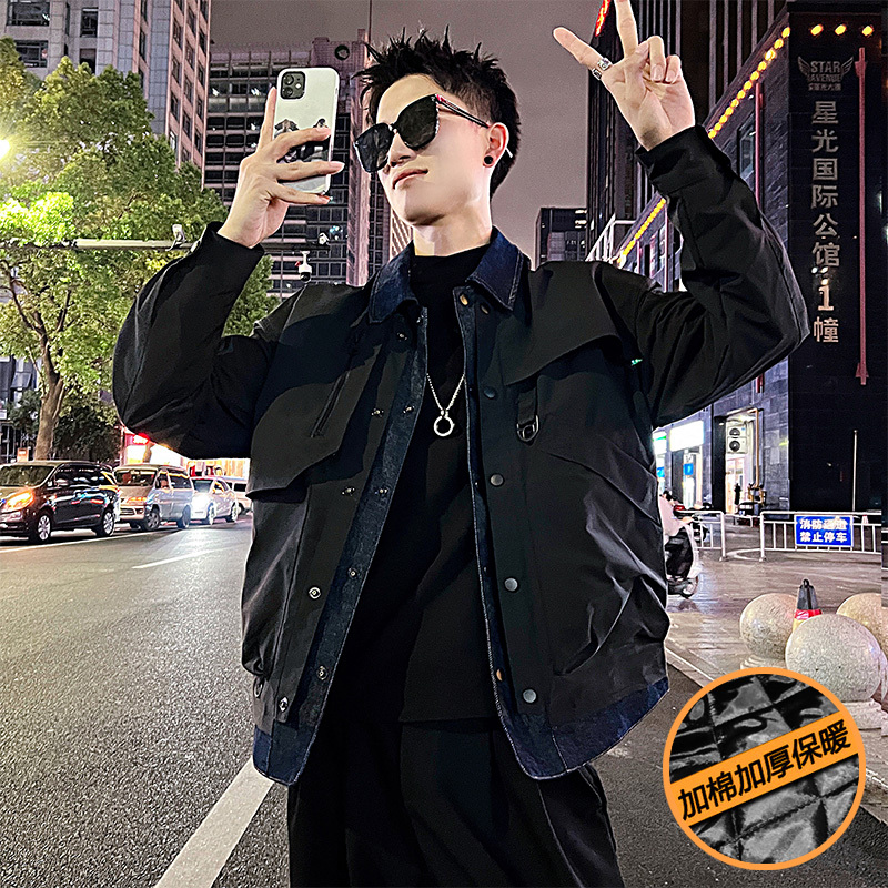 Denim fake two-piece cotton thickened jacket for men 2