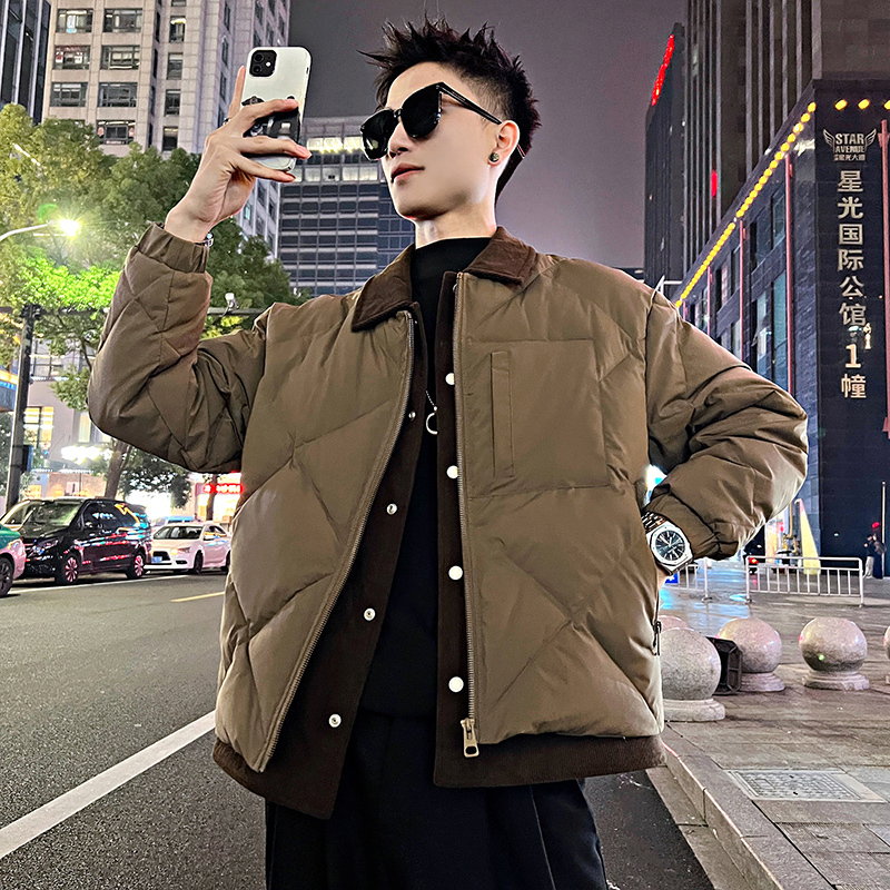 Winter non-standard corduroy stitching fake two-piece flight lapel coat cotton coat young man 4