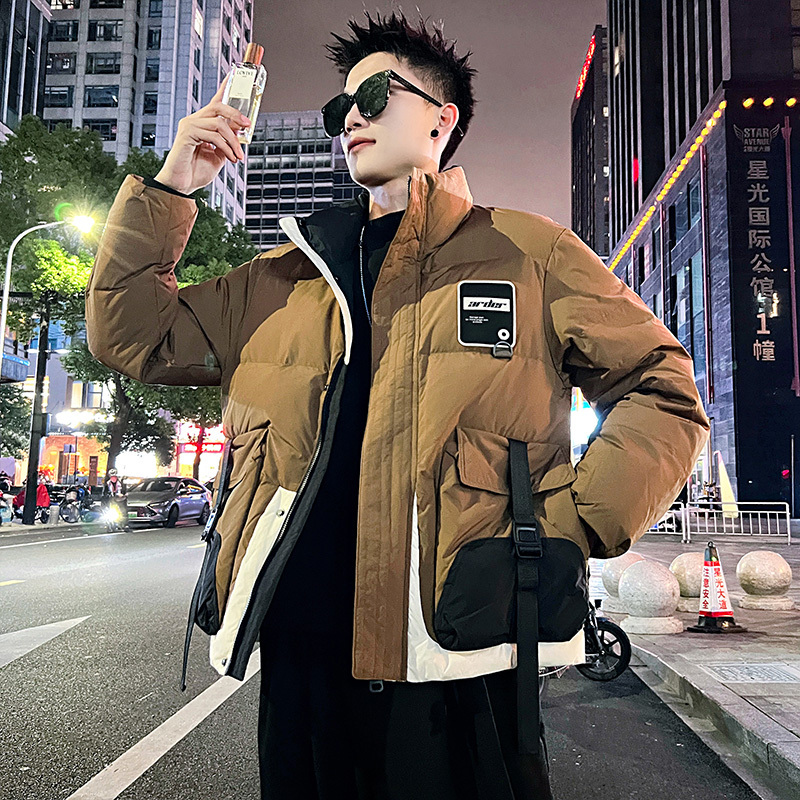 Velvet workwear color matching personalized webbing down jacket for men 4