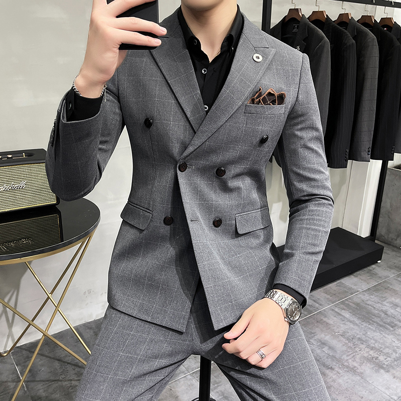 Suit suit men's two-piece plaid small suit jacket