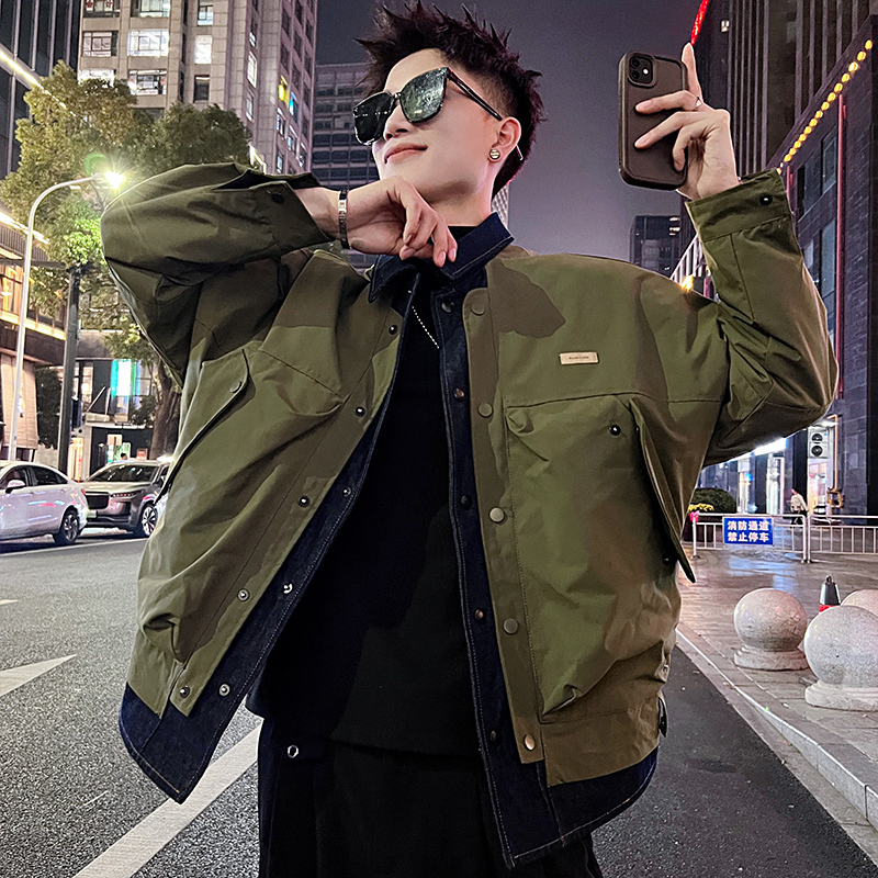 Winter Thin Japanese Style Guys Fake Two Piece Lapel Denim Splicing Cotton Jacket Men 2