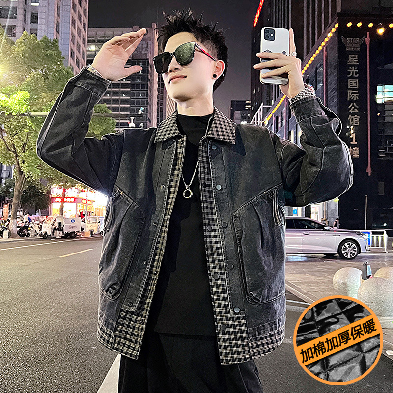 Fake two-piece plaid patchwork denim thickened jacket for men