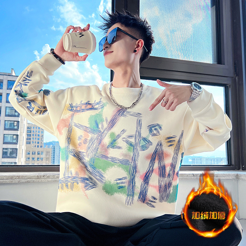Thin autumn and winter long-sleeved velvet thickened fake two-piece sweatshirt for men