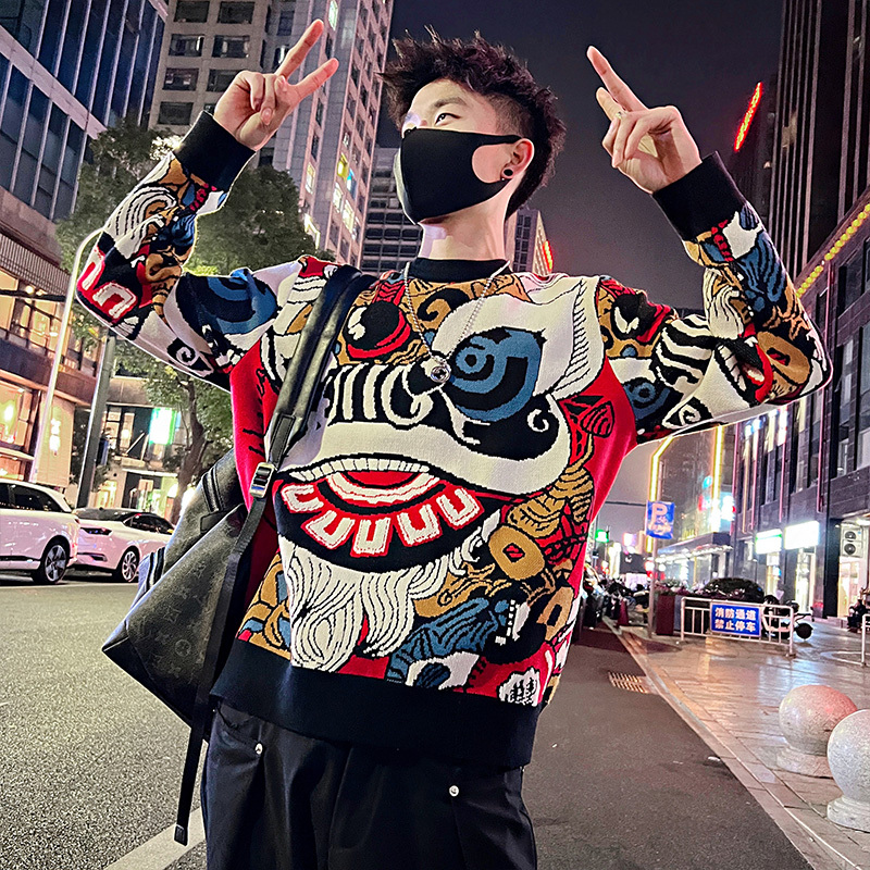 Autumn and winter thickened handsome guy's Chinese New Year lion awakening jacquard pullover sweater red for men
