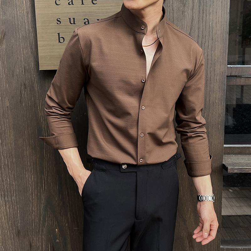 New Chinese style stand collar long sleeve shirt high-end waffle high elastic seamless shirt brown