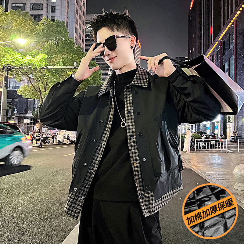 Fake two-piece plaid splicing padded thickened jacket for men