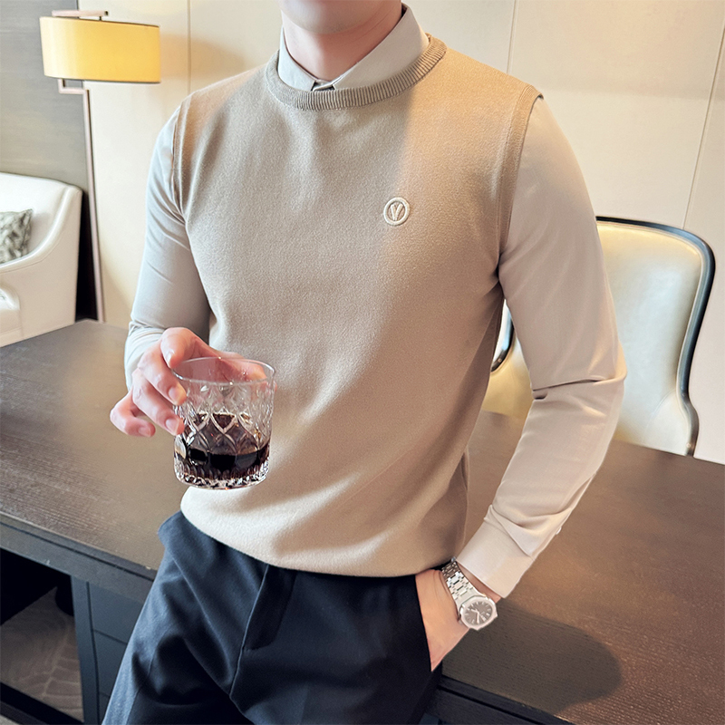 Autumn new British style fake two piece shirt patchwork sweater men's slim knitted sweater