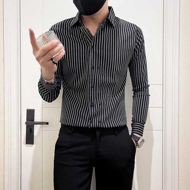 New autumn and winter clothing double-breasted men's long-sleeved shirt striped stretch shirt