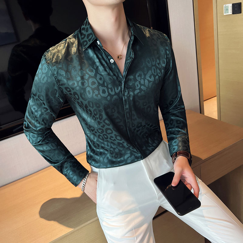 Thin Internet celebrity glossy high-end men's air-conditioning shirt zebra pattern handsome long-sleeved shirt dark green