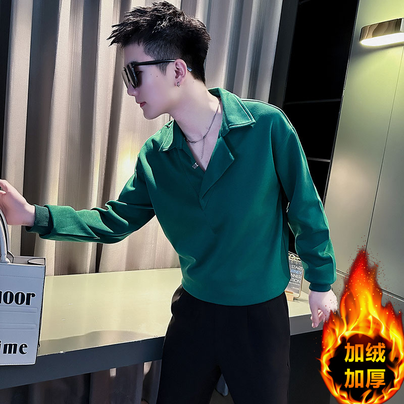 Winter social guy lapel sweatshirt plus velvet and thickened men's shopkeeper style sweatshirt green 1