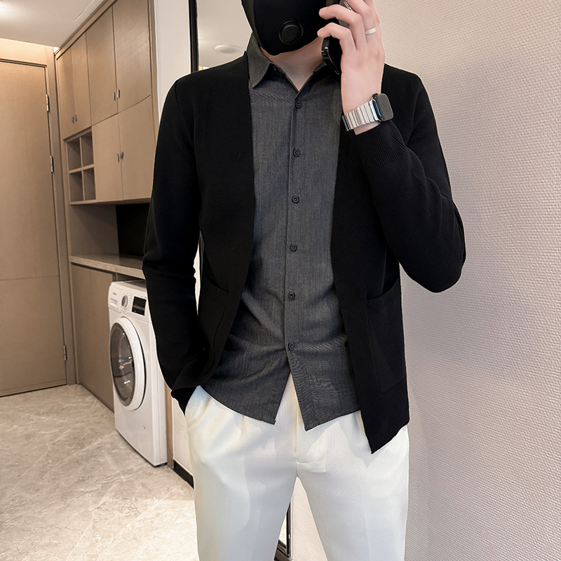 New store owner guy autumn and winter men's shirt collar cardigan fake two piece knitted fir sweater