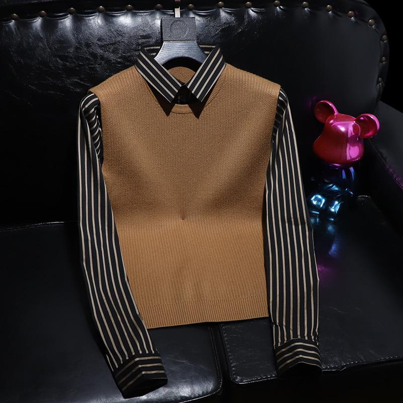 Autumn and winter new European station men's shirt collar fake two-piece sweater sweater