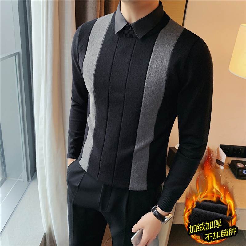 Warm thickened velvet striped patchwork knitted sweater shirt collar fake two-piece sweater for men trendy