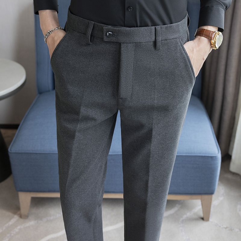 Winter solid color woolen trousers, small straight brushed casual pants, gray