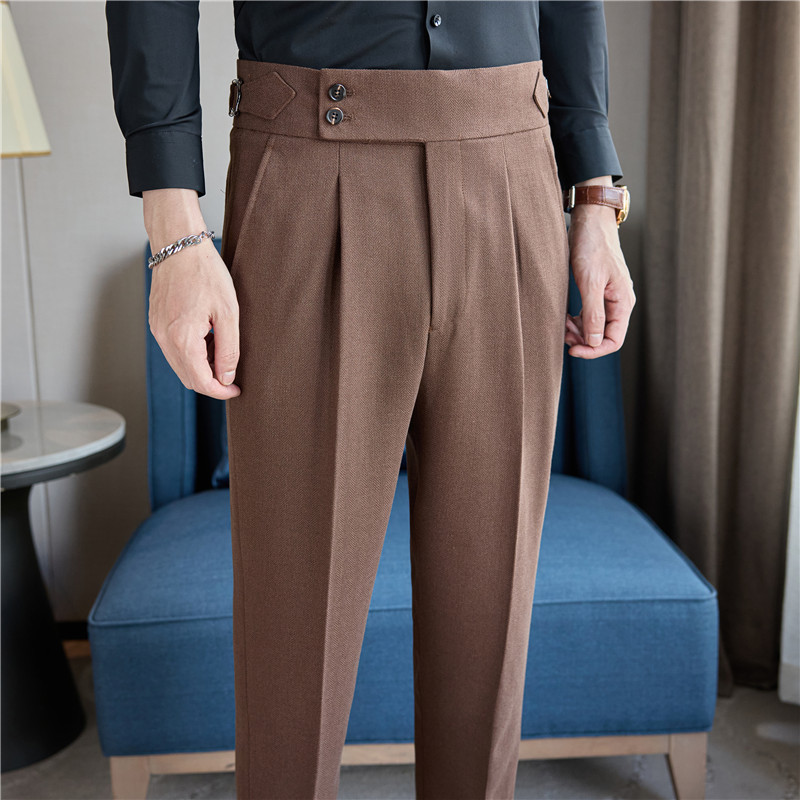 High-end thickened herringbone pleated trousers, Naples high-waisted casual pants, brown