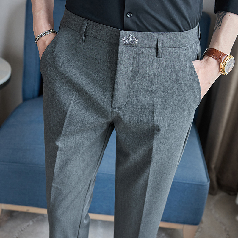 Spring and summer straight trousers, semi-elastic waist 9-point trousers, casual pants for men