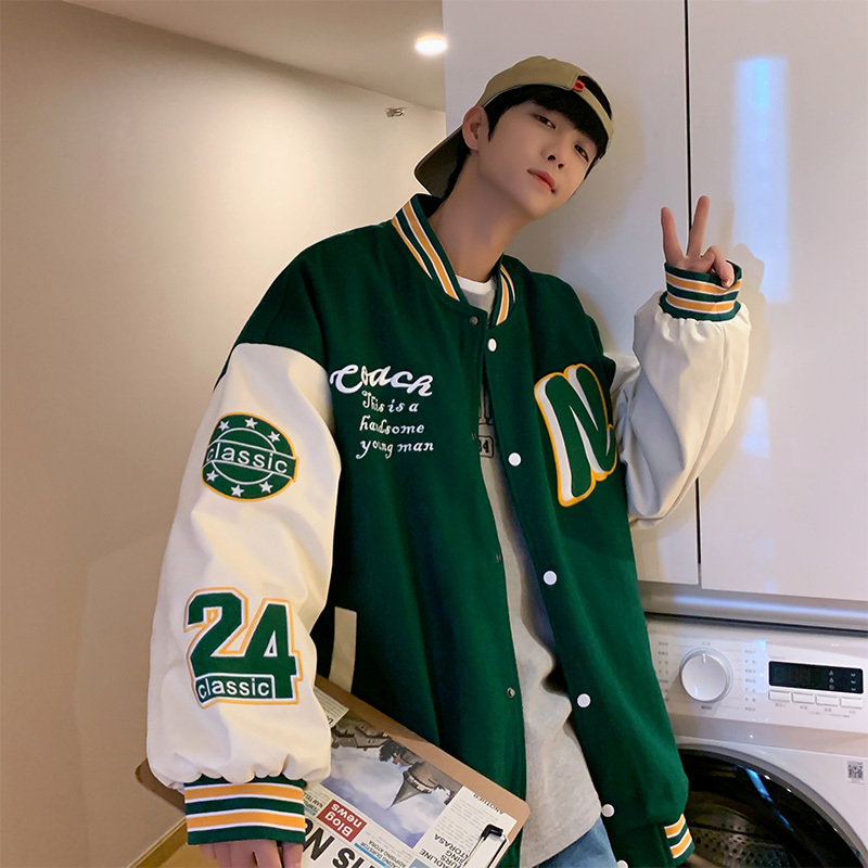 Trendy brand PU leather baseball jacket men's loose couple bomber jacket men's street embroidery