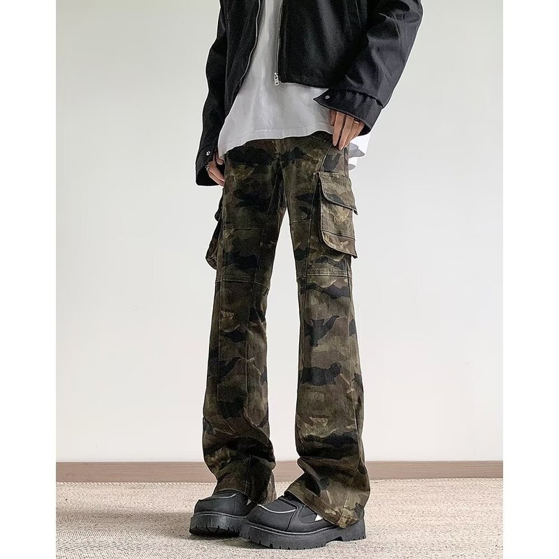 American camouflage multi-pocket slim retro overalls hip-hop straight slim micro-flared pants