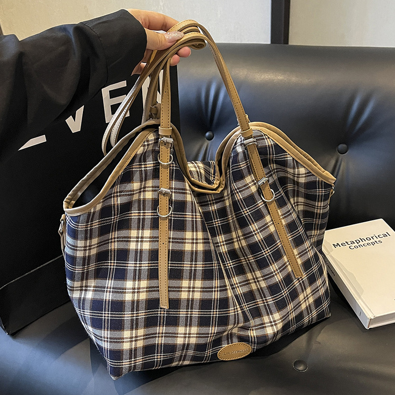 Korean style trendy retro plaid canvas tote bag for women 2024 new versatile casual lightweight shoulder bag