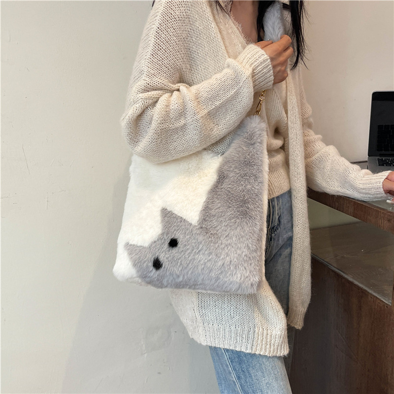 New Plush Bag Cute Cat Contrast Color Single Shoulder Cartoon Textured Tote Bag Student Class Tote Bag Wholesale