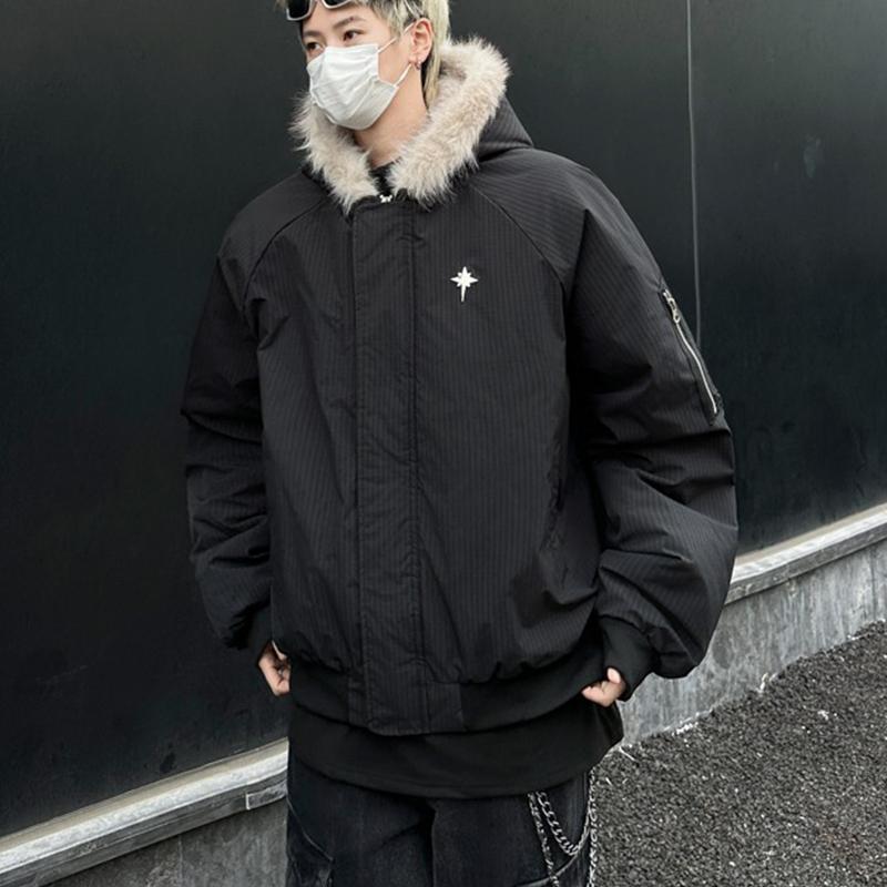Fur collar cotton coat men's winter American retro short cotton coat thickened quilted hooded jacket trendy