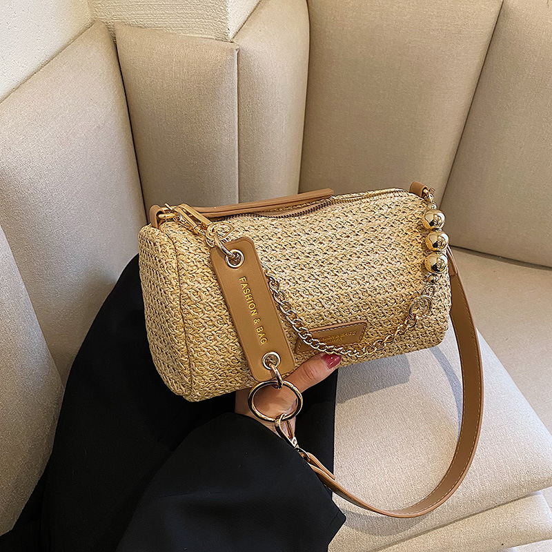 High-end modern straw bag women's trendy pearl chain bag ins fashion splicing versatile cylindrical shoulder bag