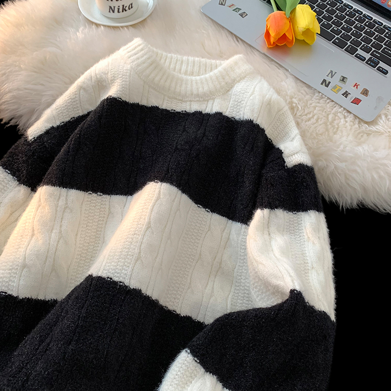 Hong Kong style autumn and winter striped contrasting color crew neck sweater trendy loose pullover sweater