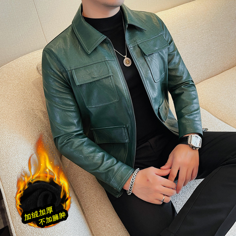 Autumn and winter men's slim-fit plus fleece leather jacket Korean style fashionable lapel zipper leather jacket jacket trend