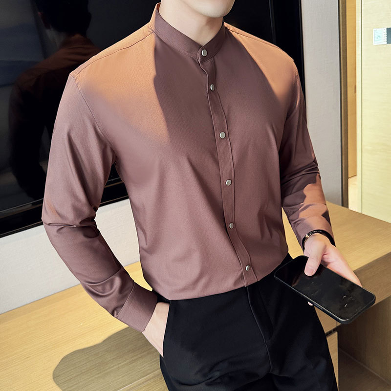 New Chinese style high-end textured stand-collar shirt men's long-sleeved high-end fabric shirt brown