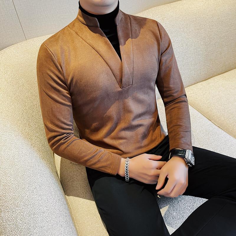 Fake two-piece long-sleeved T-shirt men's new winter casual solid color bottoming shirt slim fit