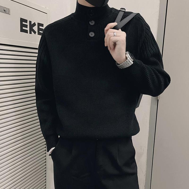 Lazy style autumn men's half turtleneck pullover button design bottoming sweater black 1