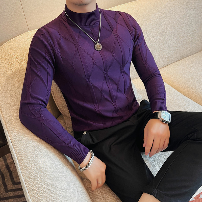 Half turtleneck sweater for men, autumn and winter Korean style jacquard slim sweater for men, casual inner layering shirt