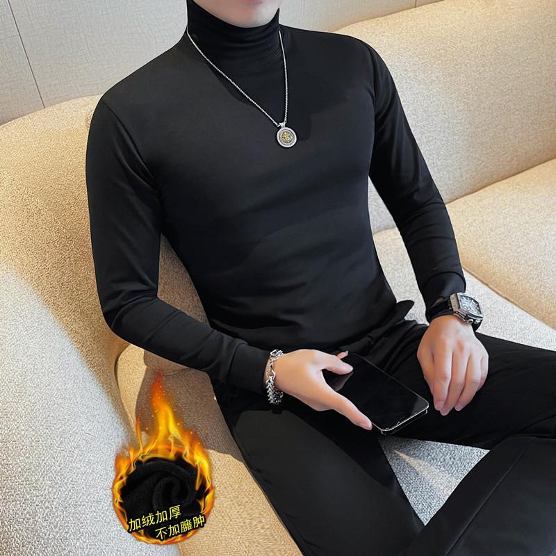 High collar velvet long-sleeved t-shirt for men autumn and winter new solid color bottoming shirt velvet only black