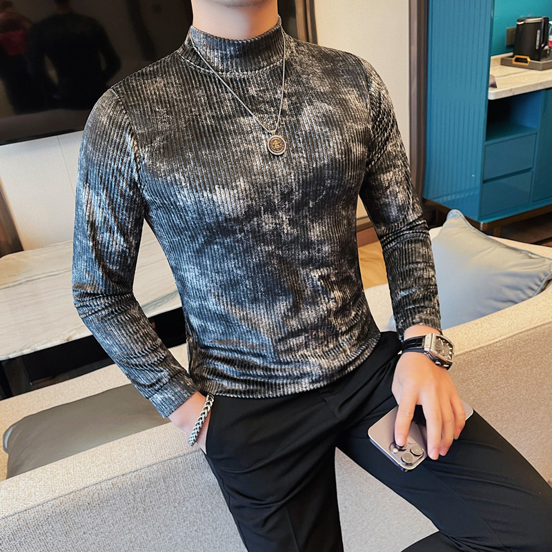 Half turtleneck bottoming shirt men's autumn and winter new velvet striped tie-dye mid-collar long-sleeved T-shirt