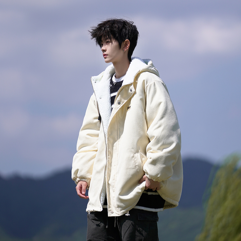 New winter coat with lamb wool lining, loose large size hooded cotton coat for men and women