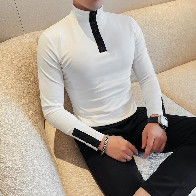 Long-sleeved T-shirt men's autumn and winter half turtleneck solid color bottoming T-shirt collar button