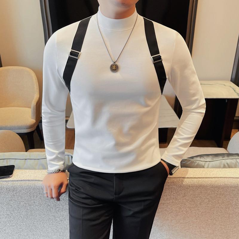 Suspender style long-sleeved T-shirt men's autumn and winter new slim half turtleneck bottoming shirt