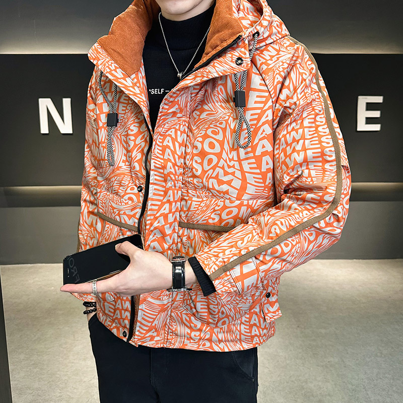 Winter Men's Slim Fit Hooded 3D Large Letters Printed Down Jacket