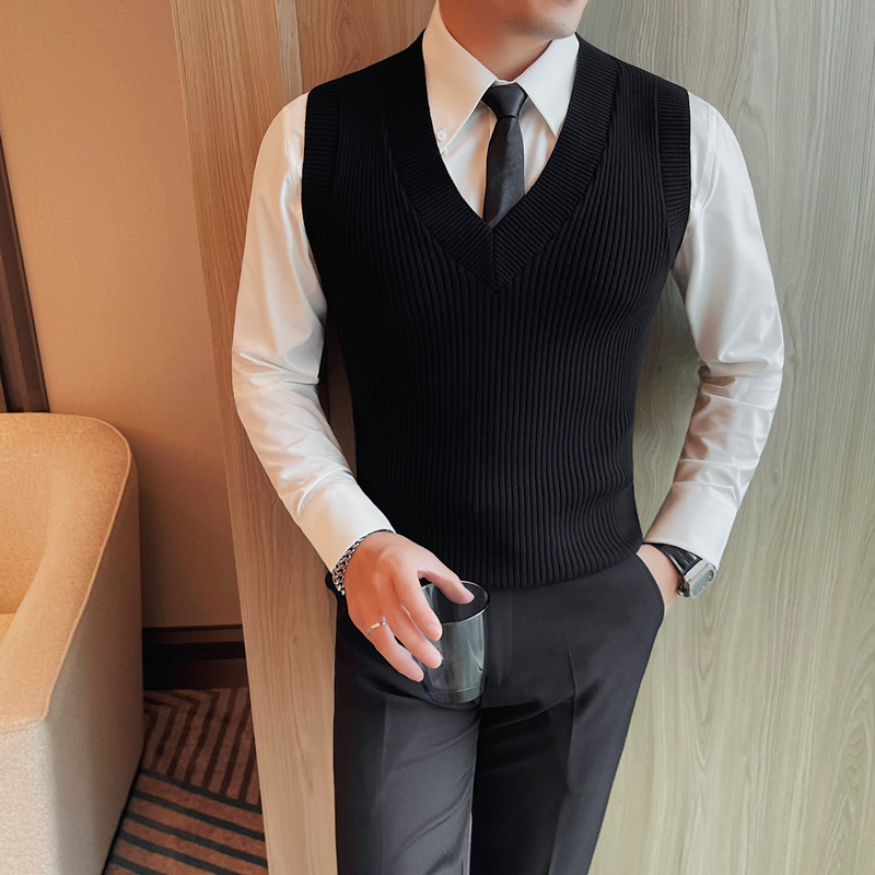 New sweater men's autumn and winter sleeveless sweater with warm V-neck vest underneath